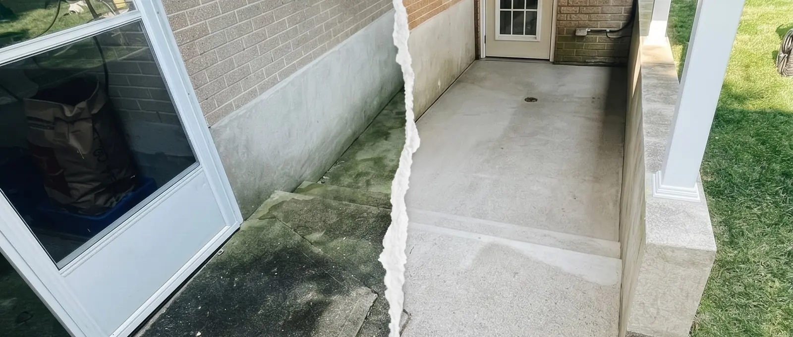 Walkout patio half washed, with clean concrete and siding beside the dirty side, Sarnia area