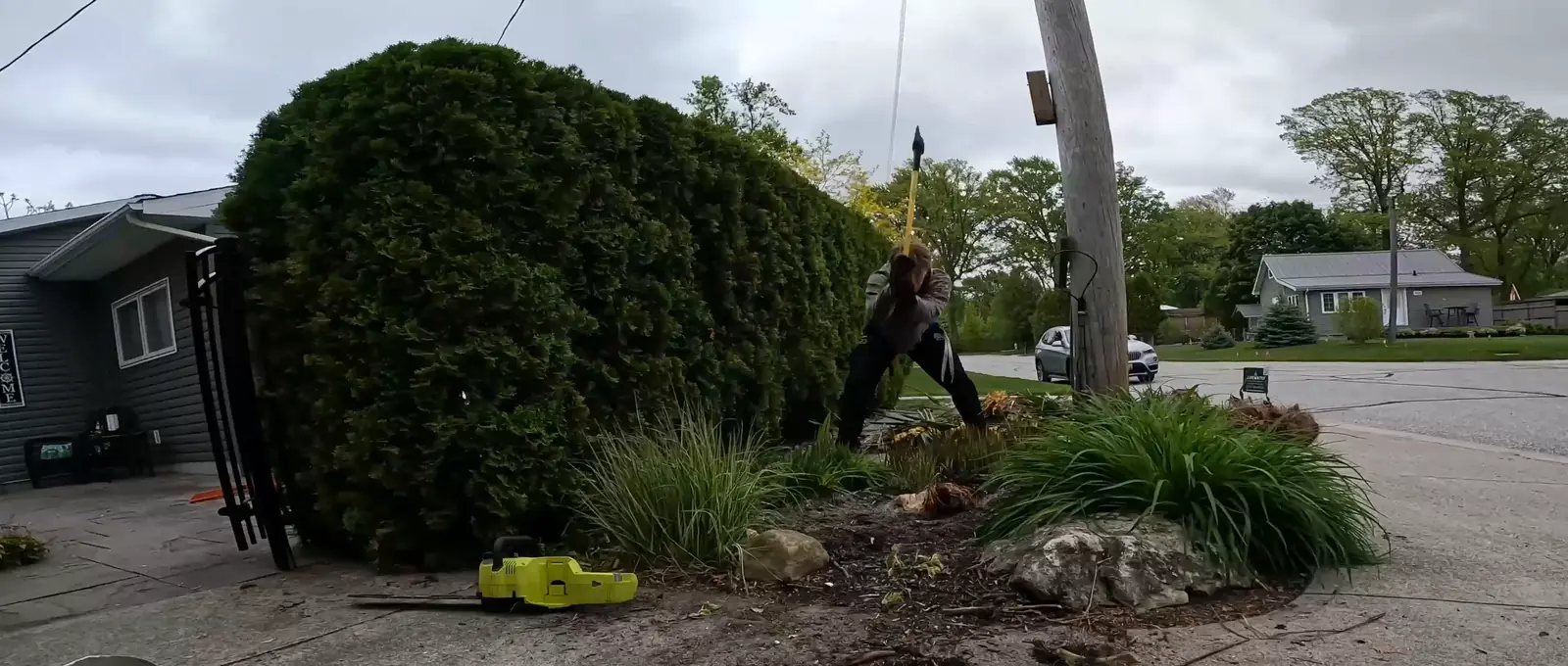 Bluewater crew working beside a large rounded evergreen shrub at a home in Sarnia, Ontario