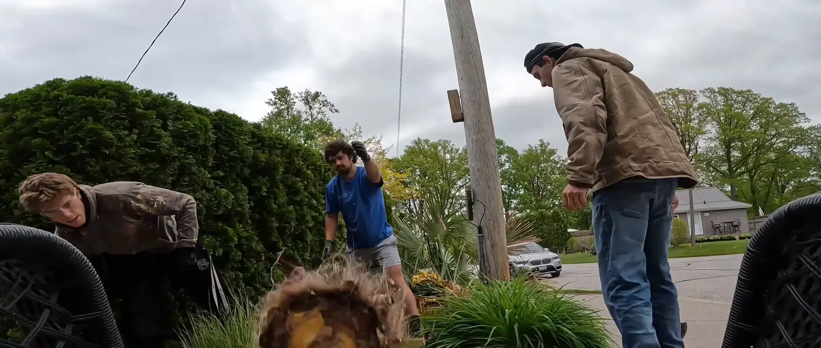 Bluewater crew hauling a pulled shrub and its roots out of a front garden in Sarnia, Ontario